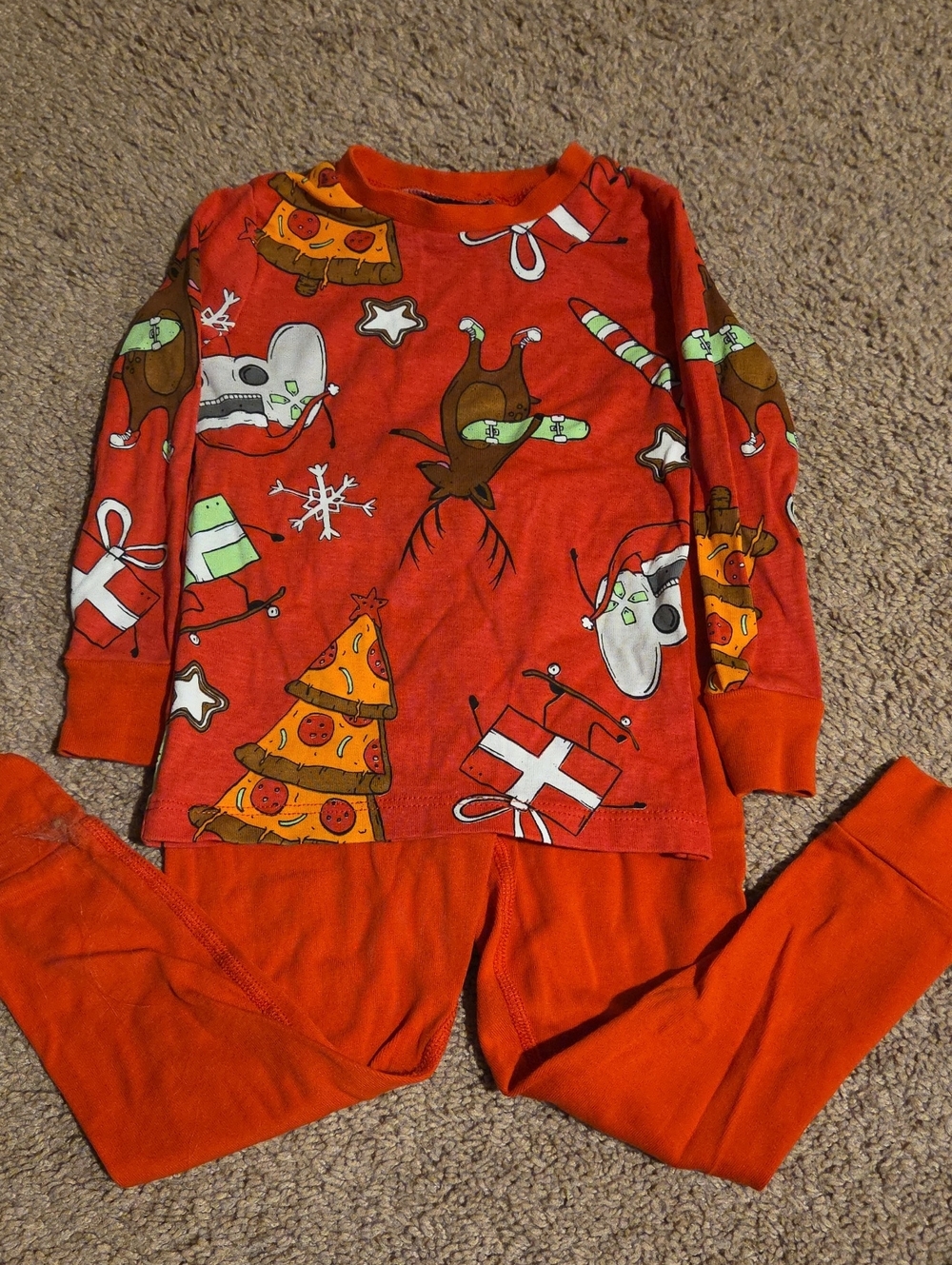 Kids Red Holiday Pizza Print Pajama Set